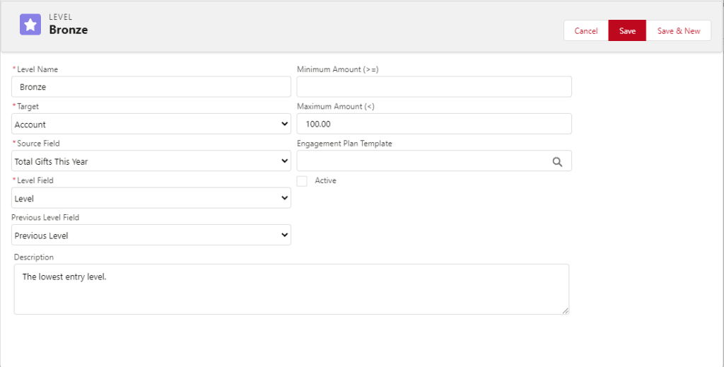 Configure and edit NPSP levels to track donor engagement and moves management opportunities